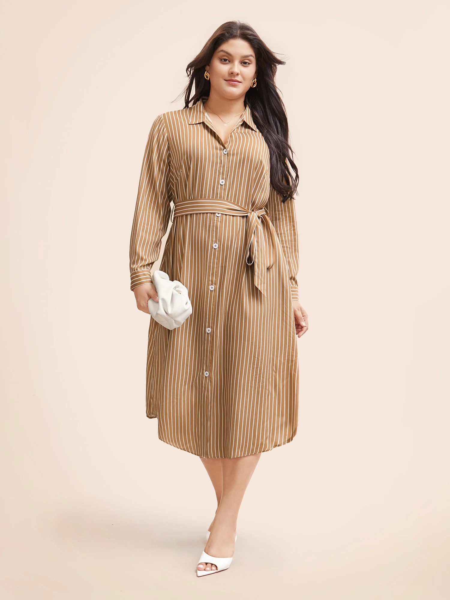 Striped Shirt Collar Curved Hem Midi Dress - Image 2