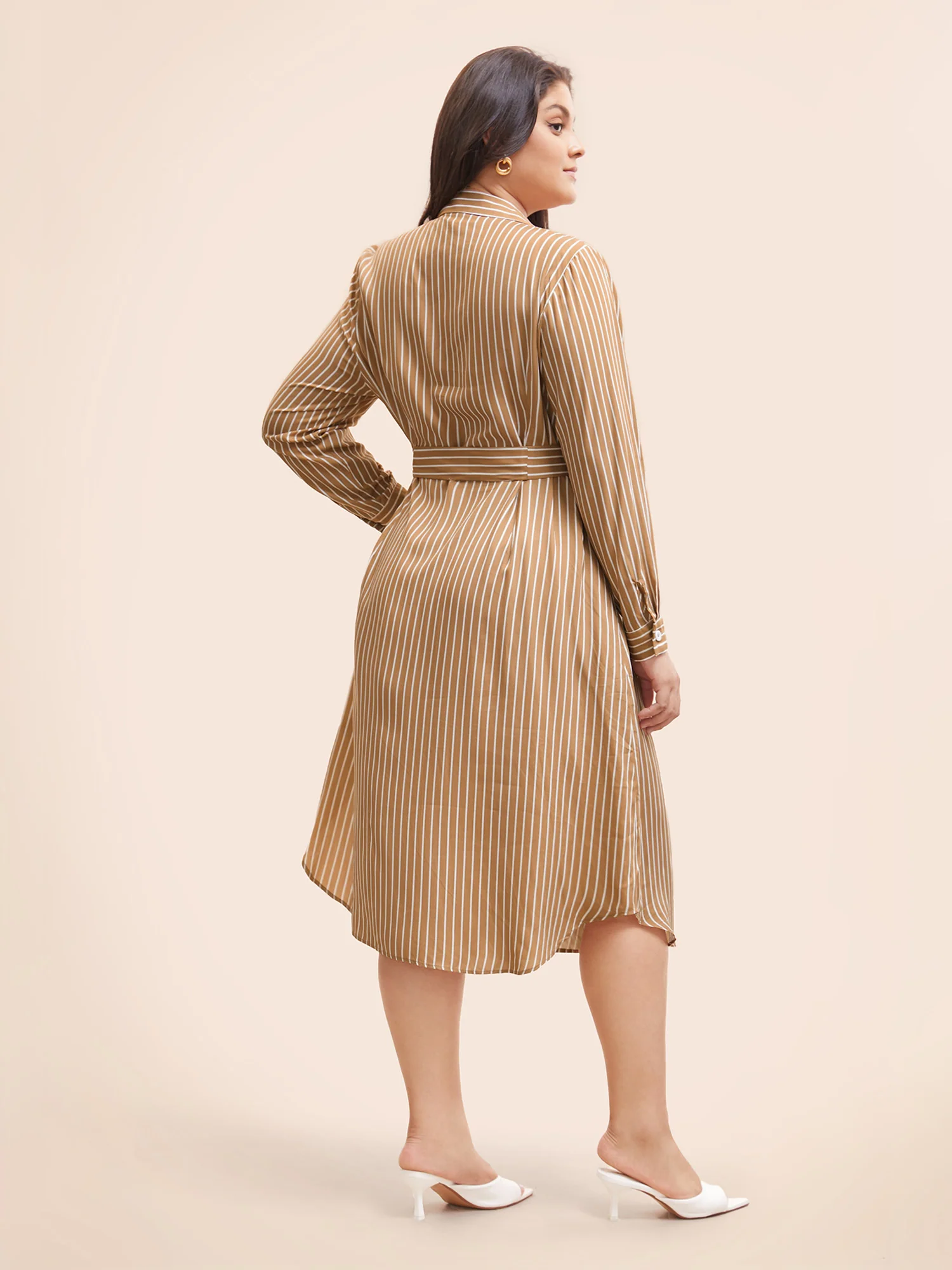 Striped Shirt Collar Curved Hem Midi Dress - Image 4