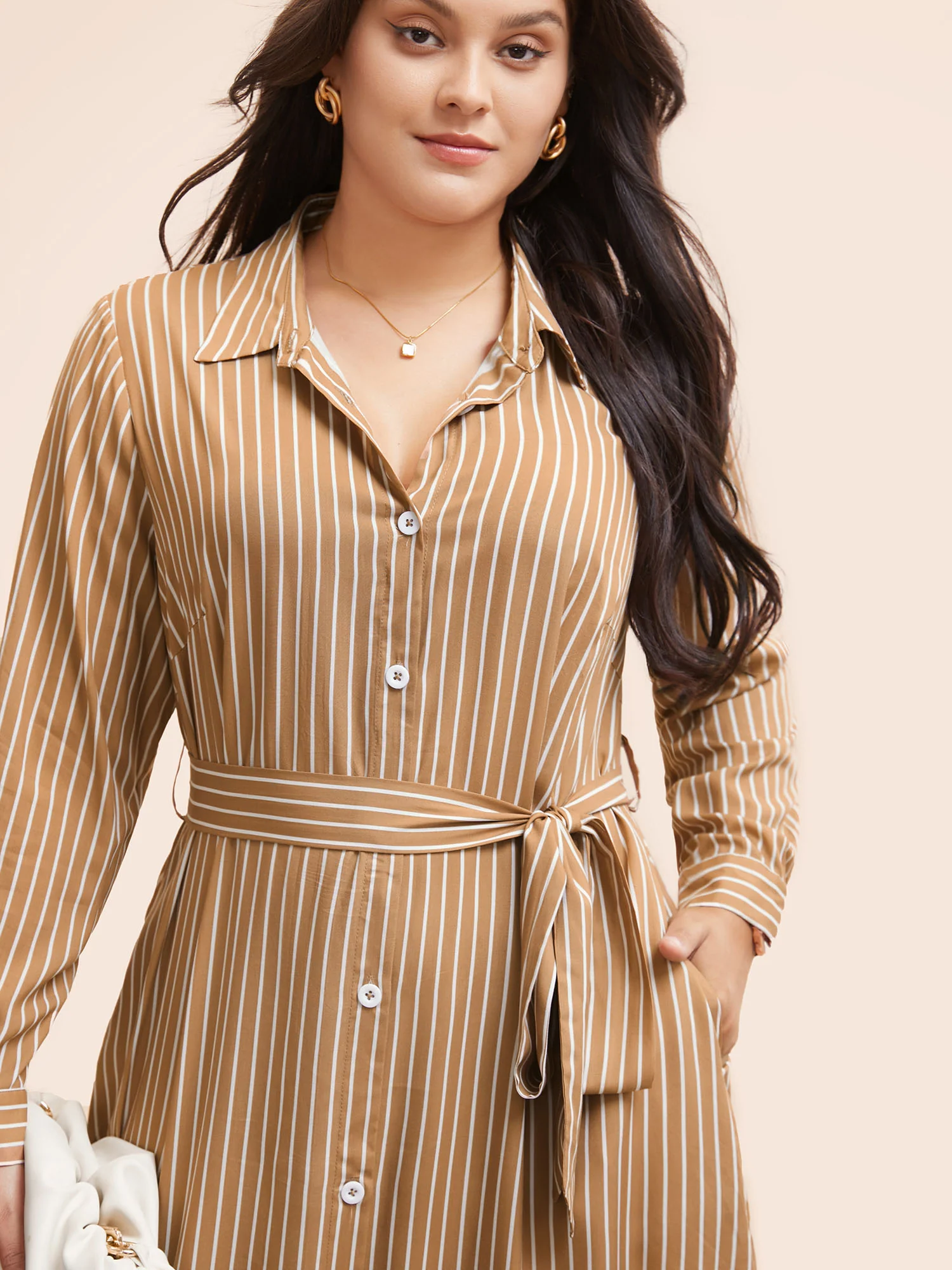 Striped Shirt Collar Curved Hem Midi Dress - Image 5
