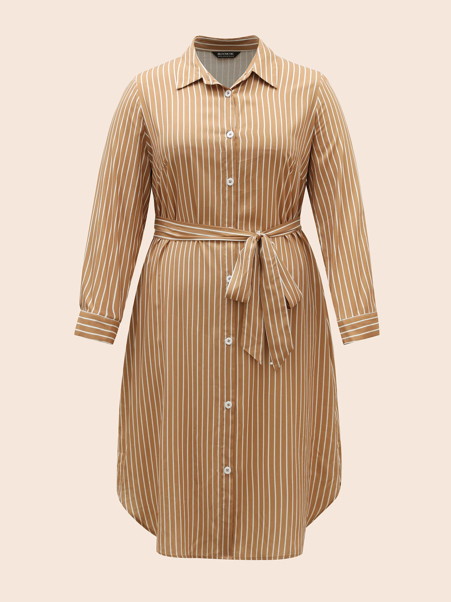 Striped Shirt Collar Curved Hem Midi Dress - Image 8
