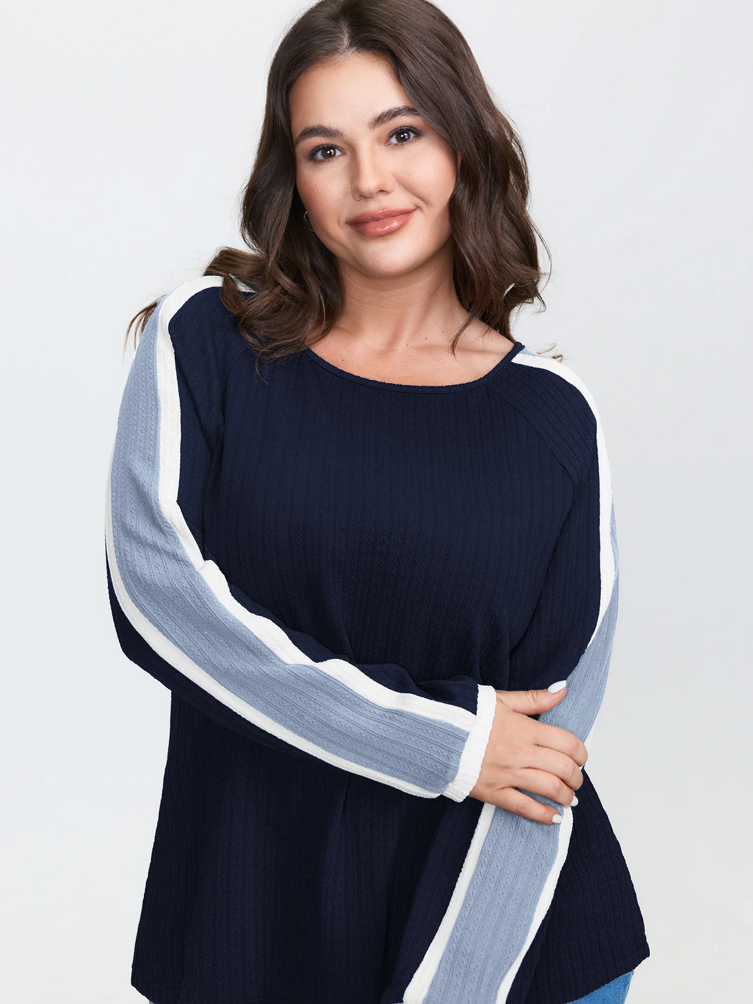 Striped Shoulder Textured Contrast T-Shirt - Image 2
