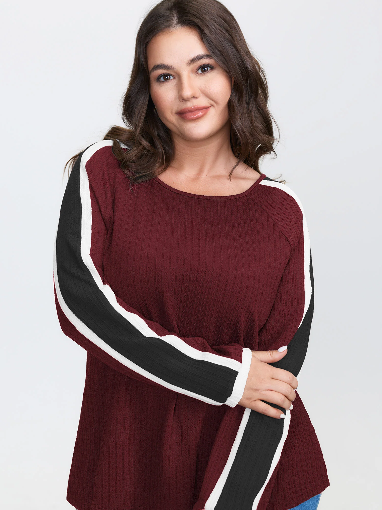 Striped Shoulder Textured Contrast T-Shirt - Image 6