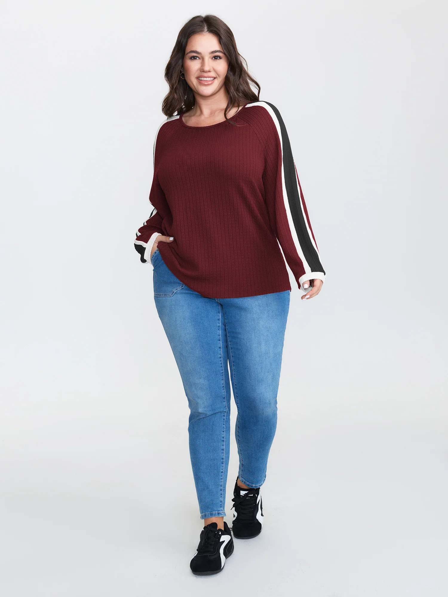 Striped Shoulder Textured Contrast T-Shirt - Image 7