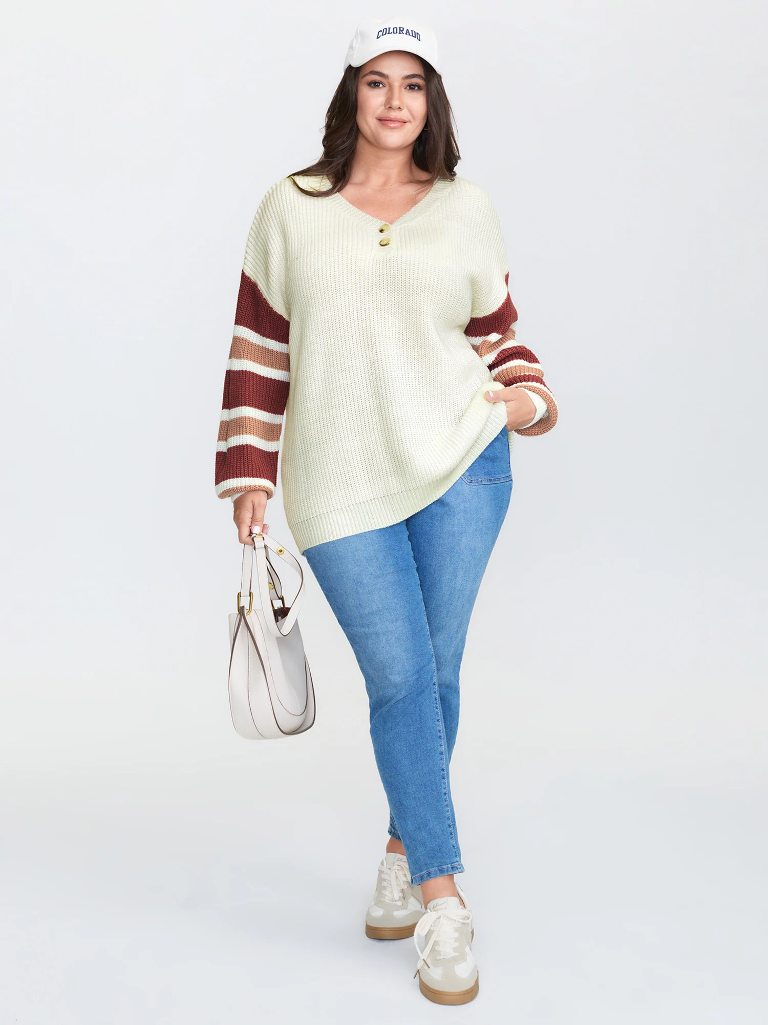 Striped Sleeve Button Neckline Pullover - Image 2