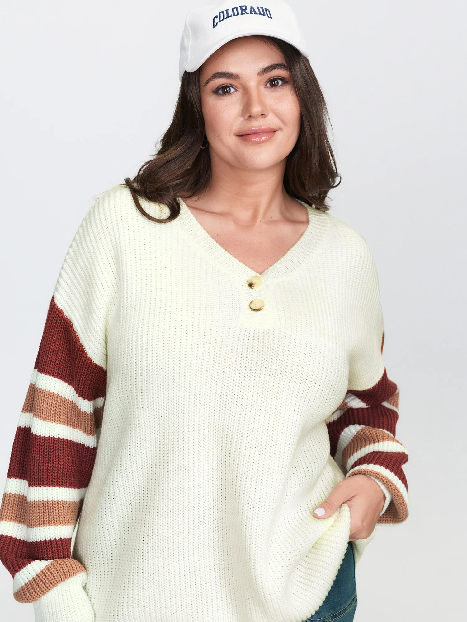 Striped Sleeve Button Neckline Pullover - Image 3