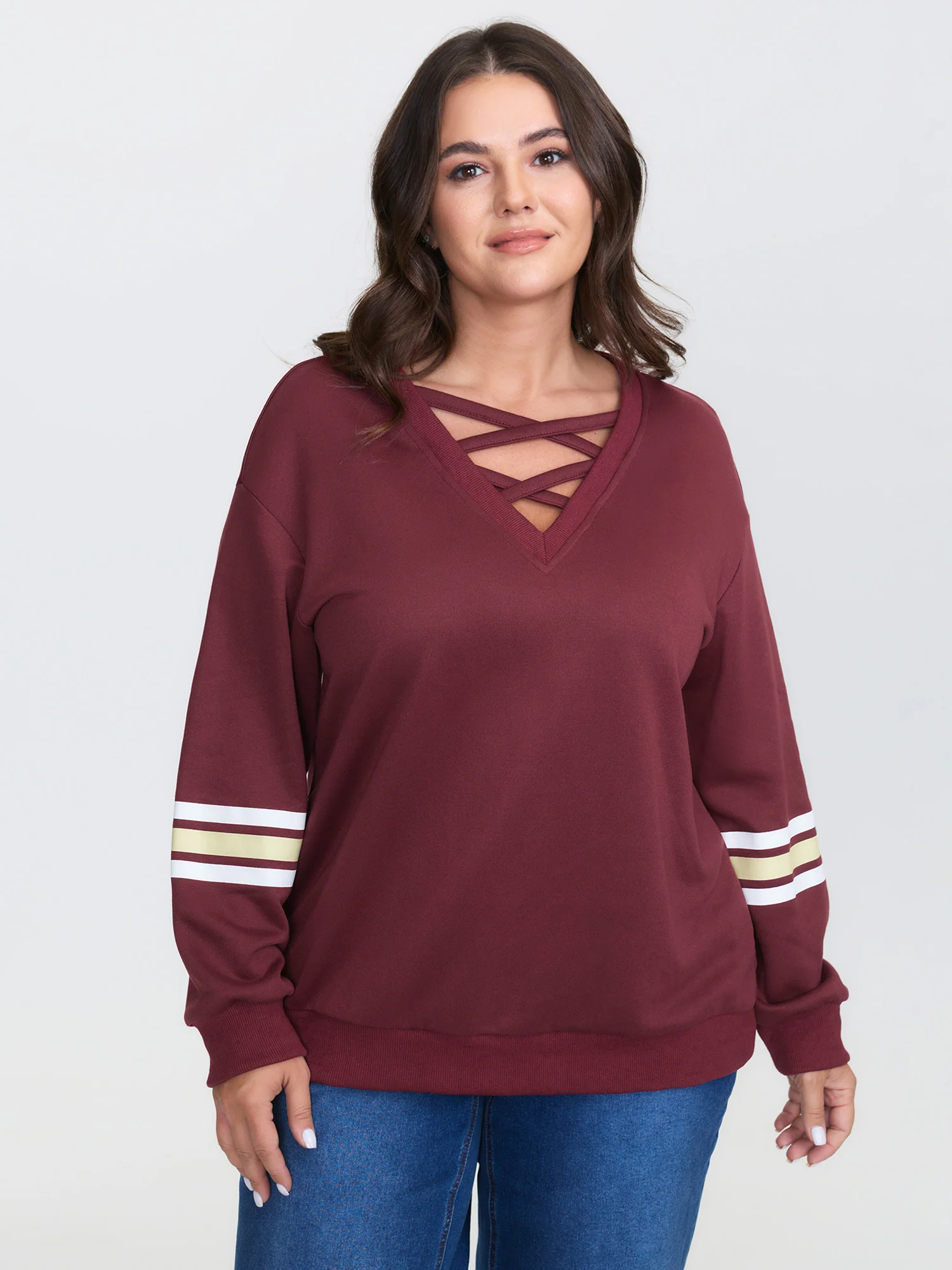 Striped Sleeve Neckline Cut-Out Neckline Sweatshirt - Image 2