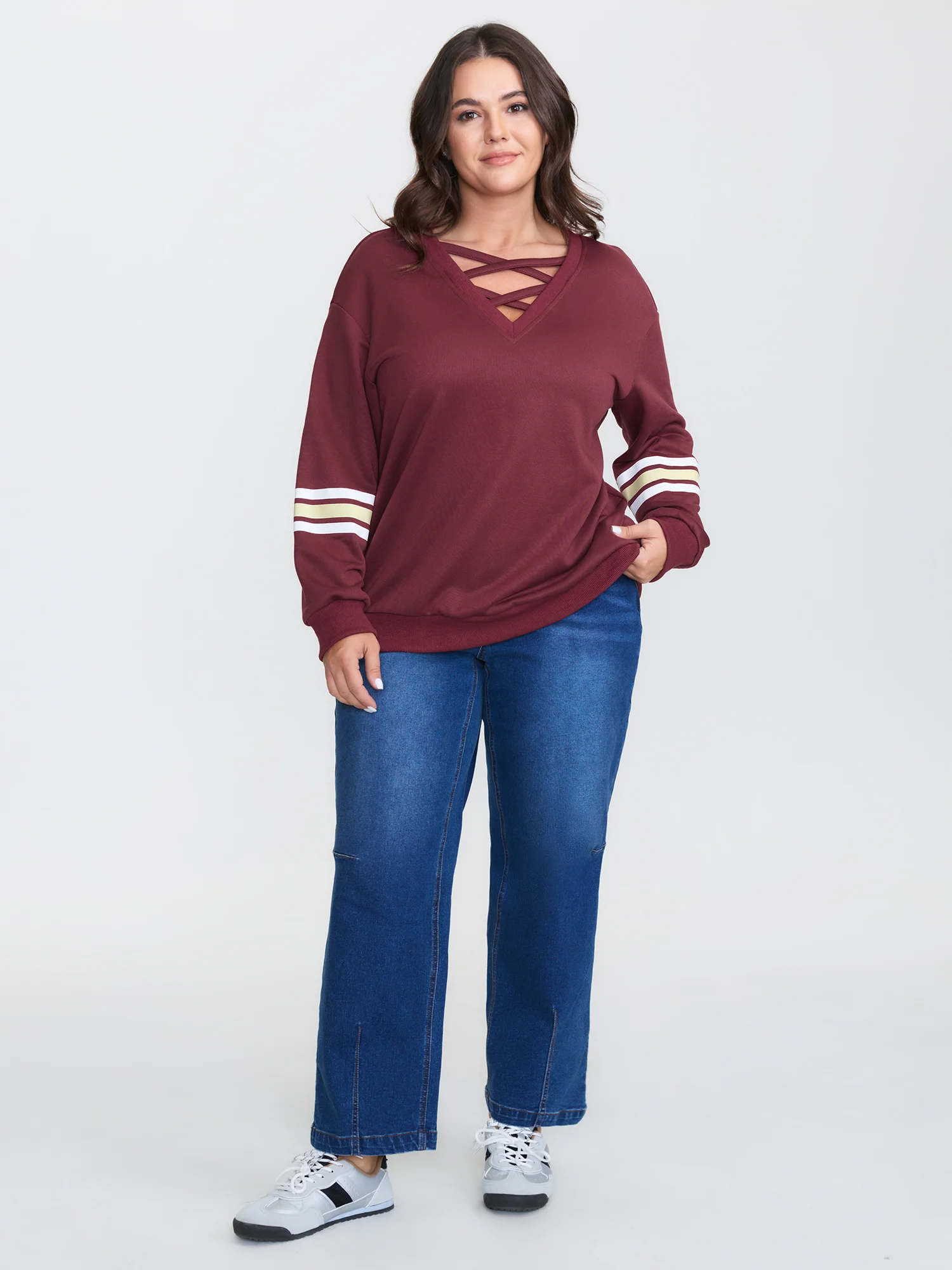 Striped Sleeve Neckline Cut-Out Neckline Sweatshirt - Image 3