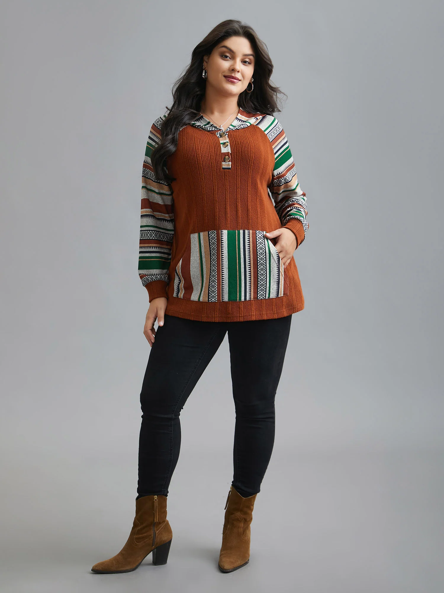 Striped Spliced Pocket Hooded T-Shirt - Image 5