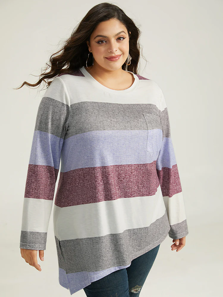Striped Split Hem Asymmetrical T-shirt - Image 3