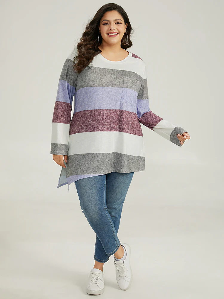Striped Split Hem Asymmetrical T-shirt - Image 4