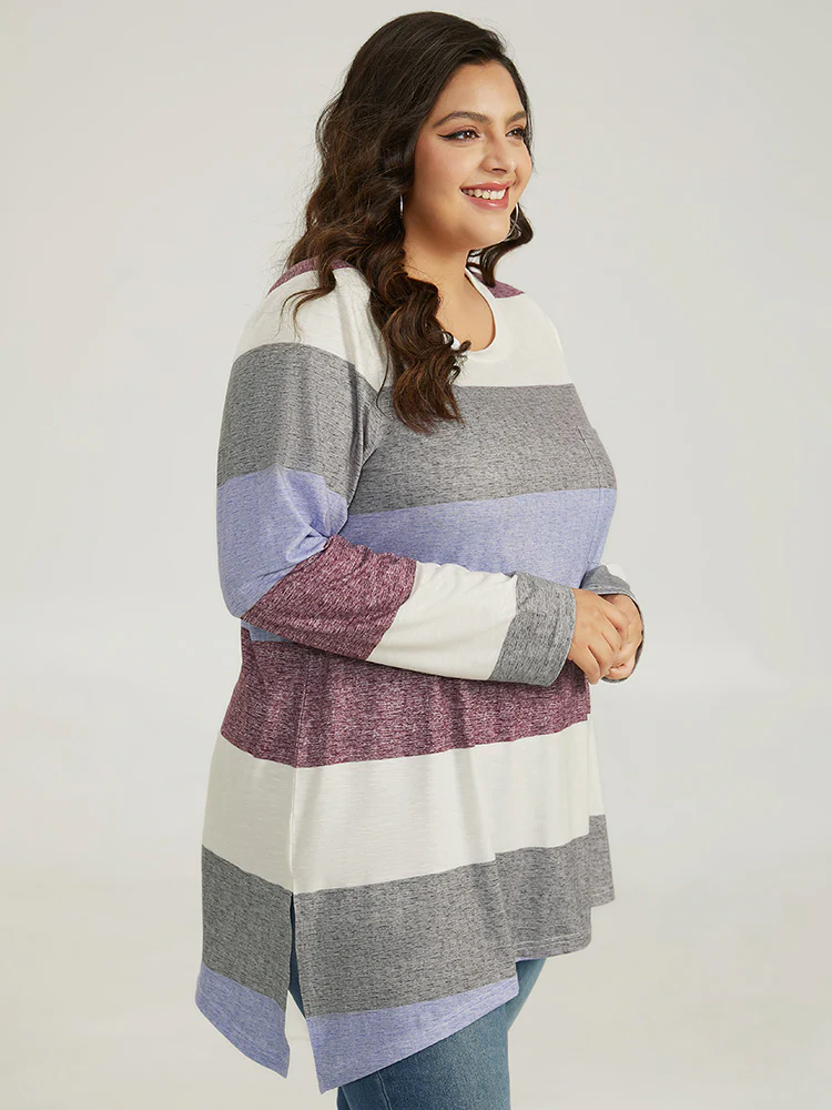 Striped Split Hem Asymmetrical T-shirt - Image 5
