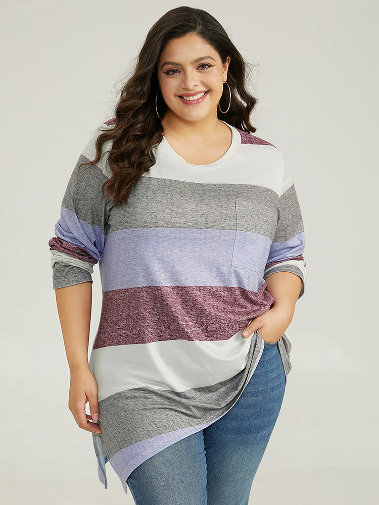 Striped Split Hem Asymmetrical T-shirt - Image 6