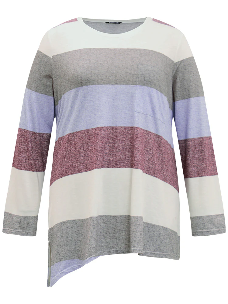 Striped Split Hem Asymmetrical T-shirt - Image 9