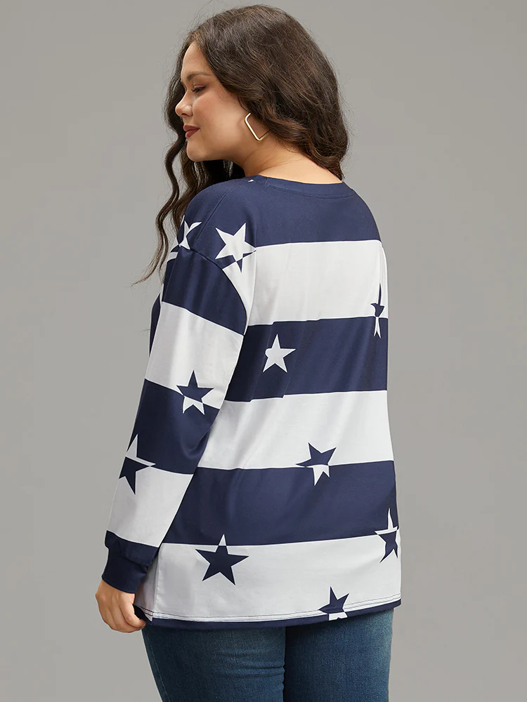 Striped & Star Contrast Crew Neck T-shirt - Image 2