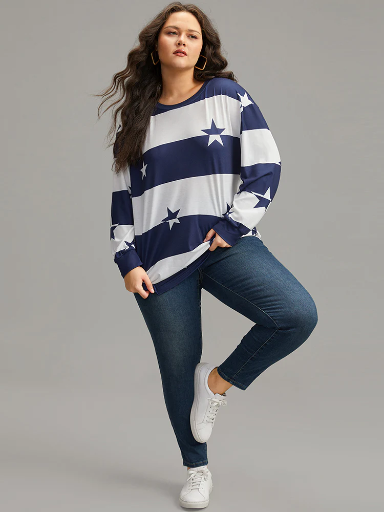 Striped & Star Contrast Crew Neck T-shirt - Image 4