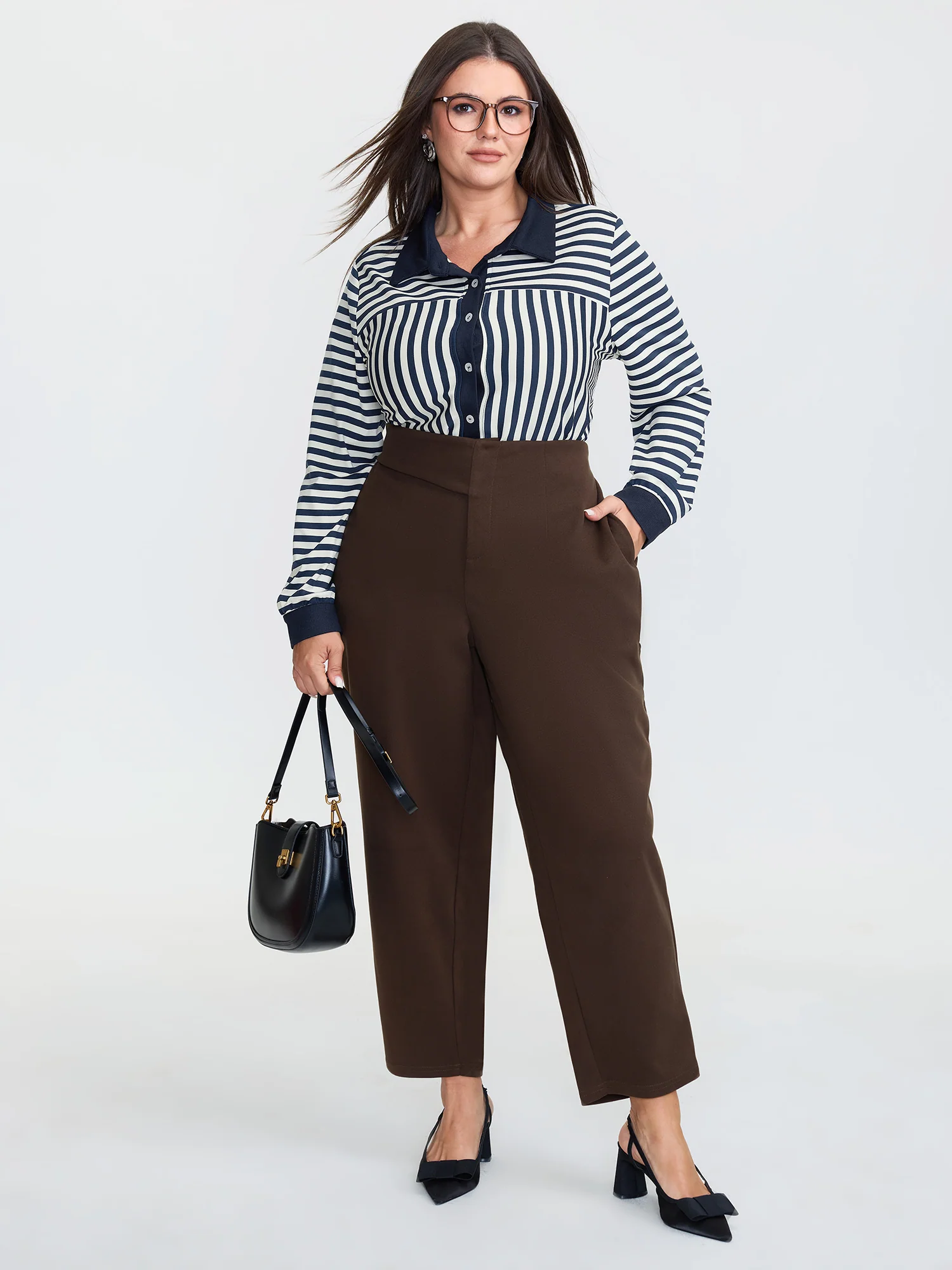Striped Stretchy Color Contrast Button-Down Top - Image 2