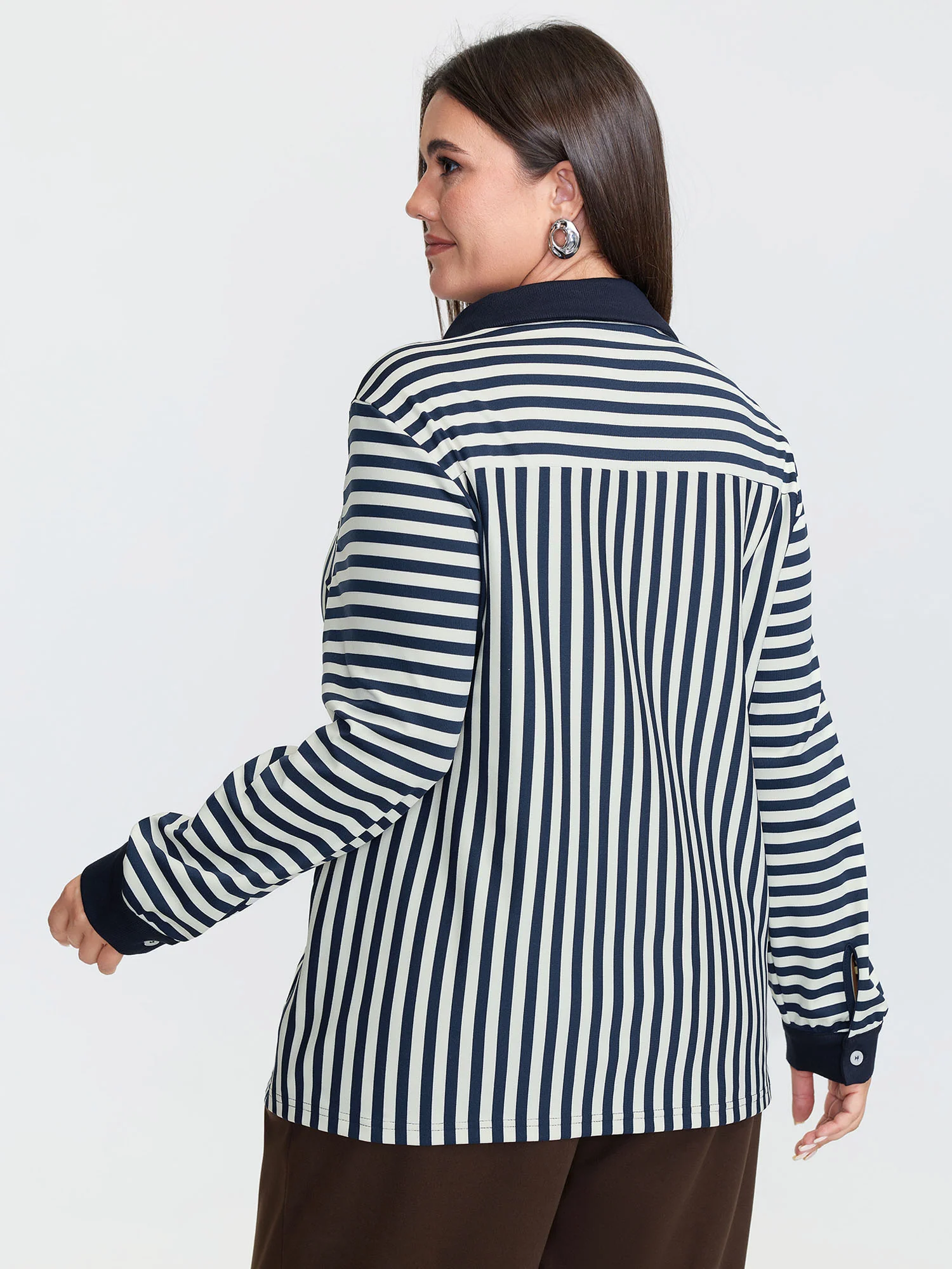 Striped Stretchy Color Contrast Button-Down Top - Image 5