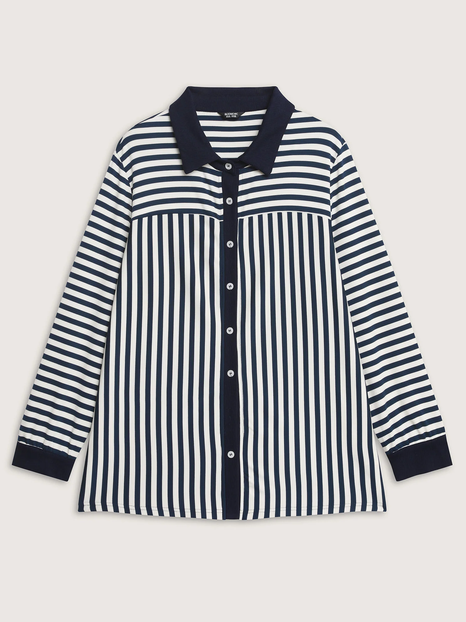 Striped Stretchy Color Contrast Button-Down Top - Image 8