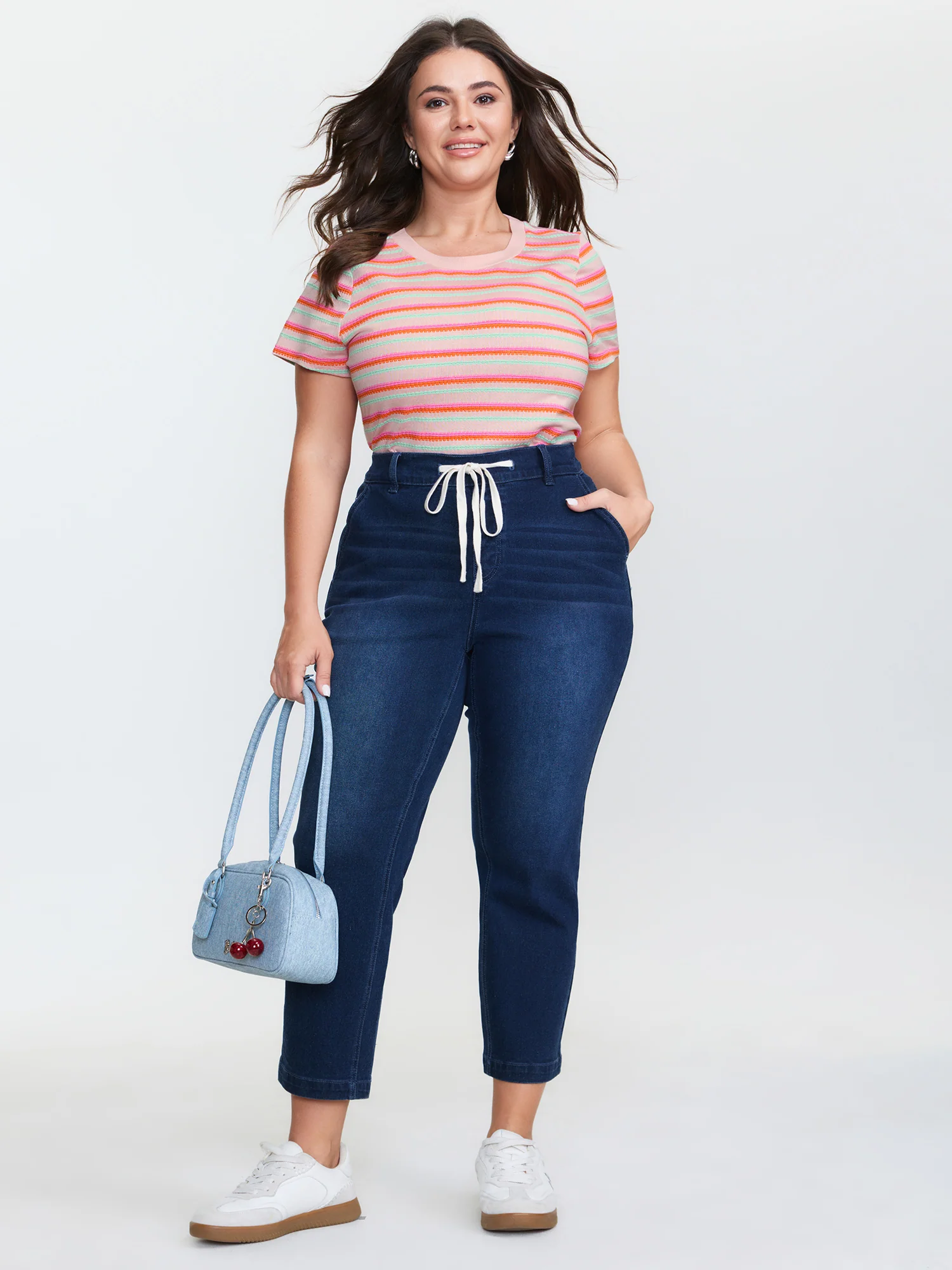 Striped Stretchy Round Neck T-Shirt - Image 2