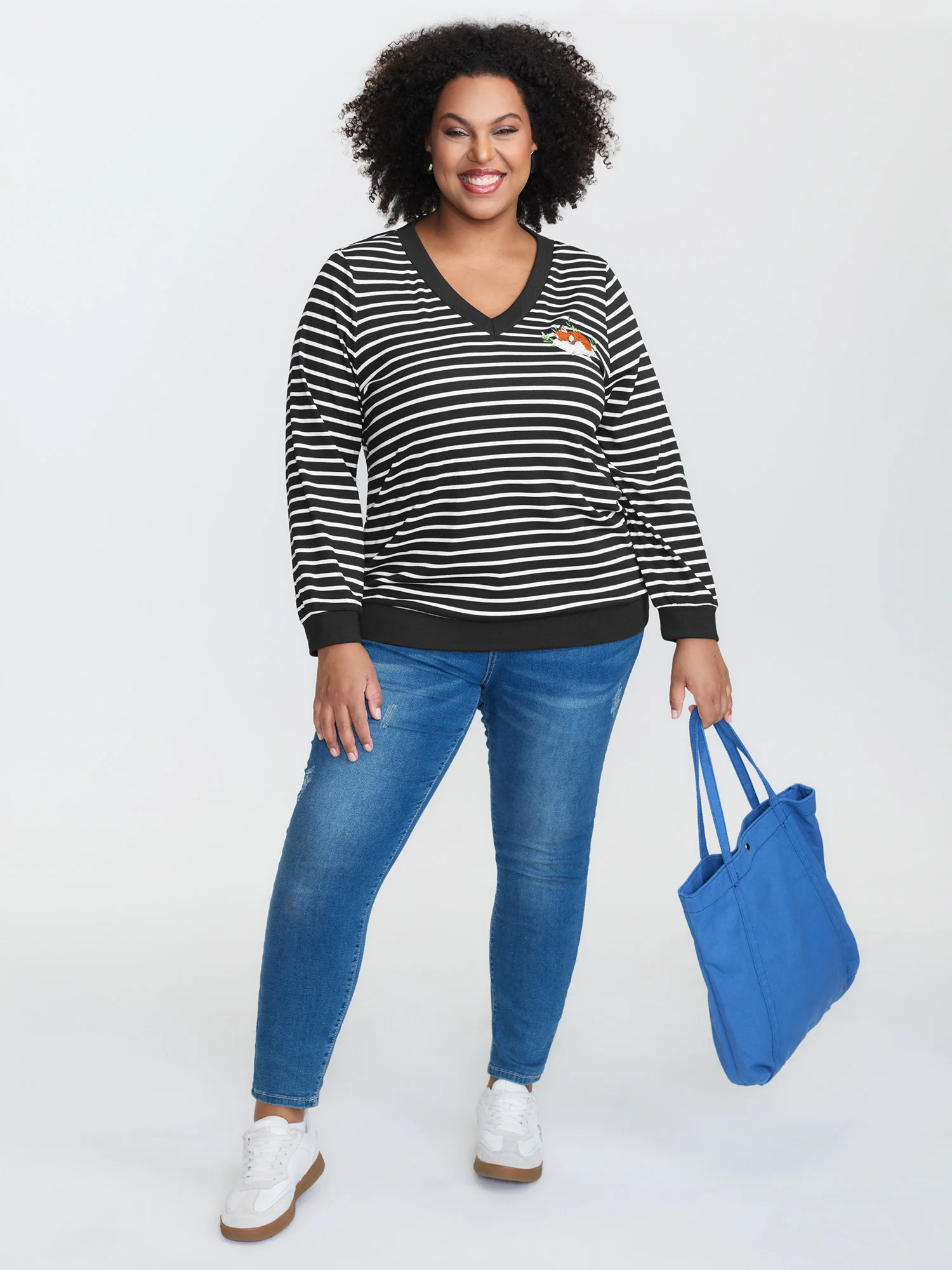 Striped Stretchy V-Neck Sweatshirt - Image 2