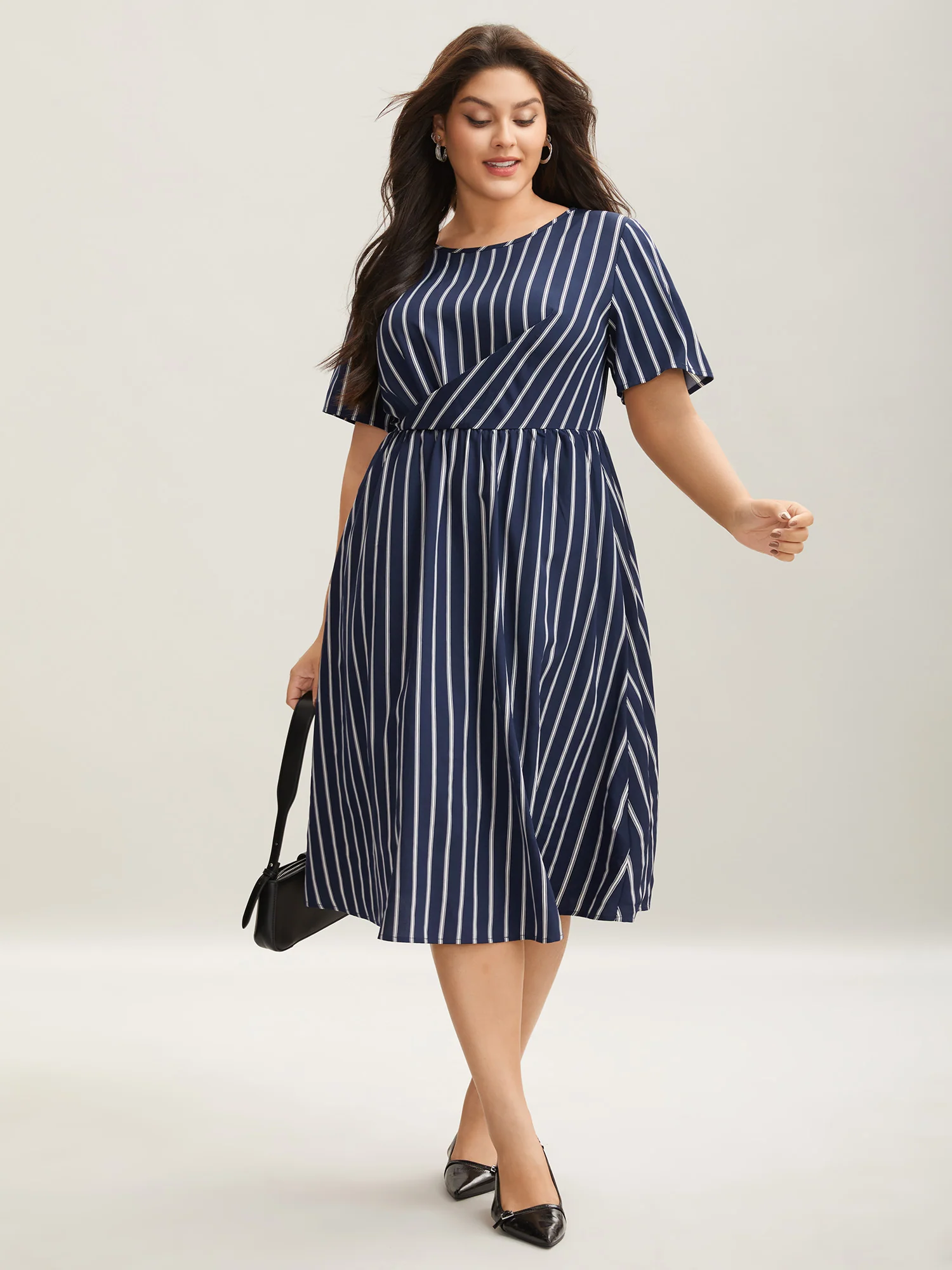 Striped Stretchy Waist Defining Pockets Dress - Image 3