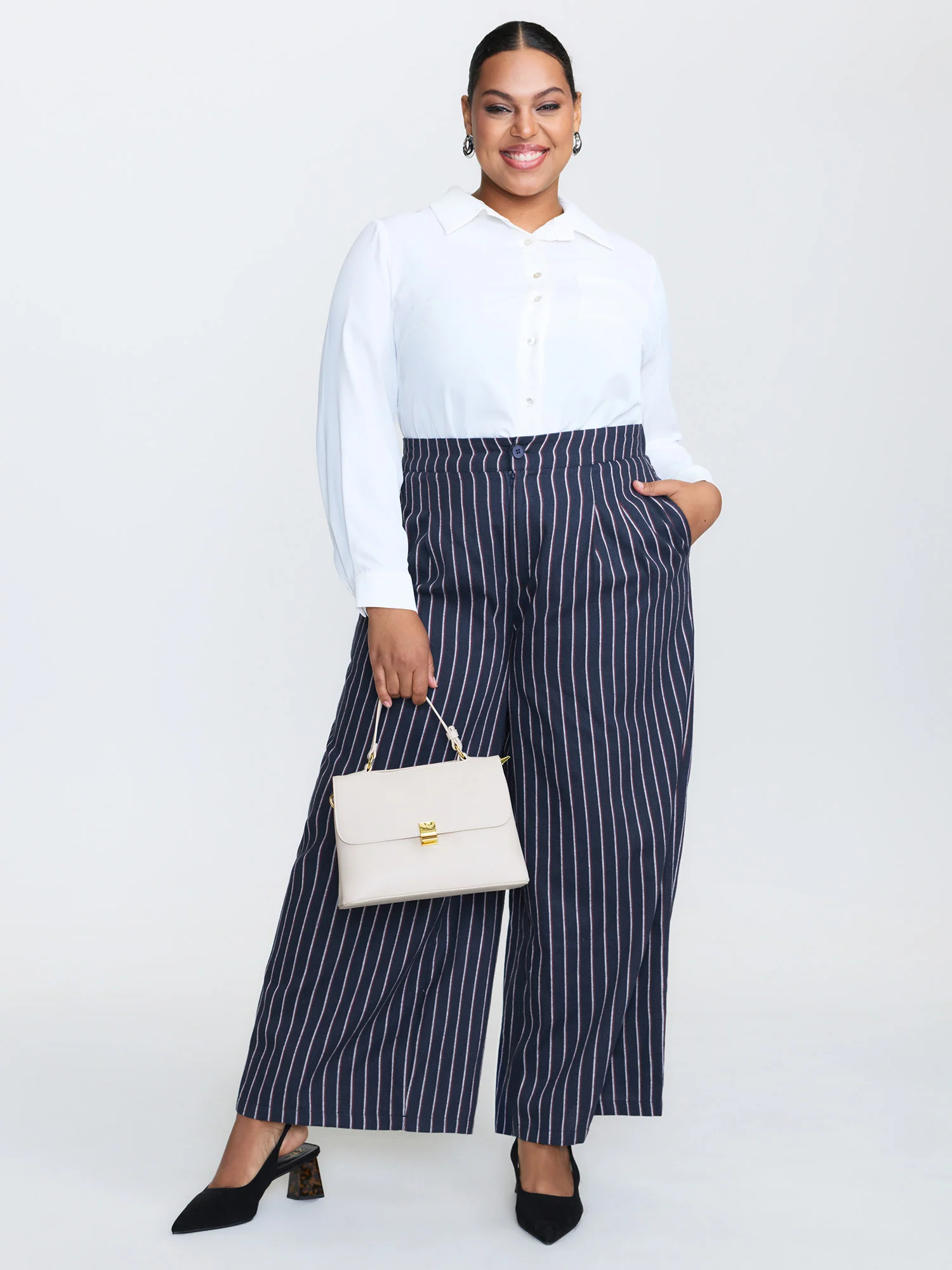 Striped Stretchy Waistband Straight Leg Pants - Image 2