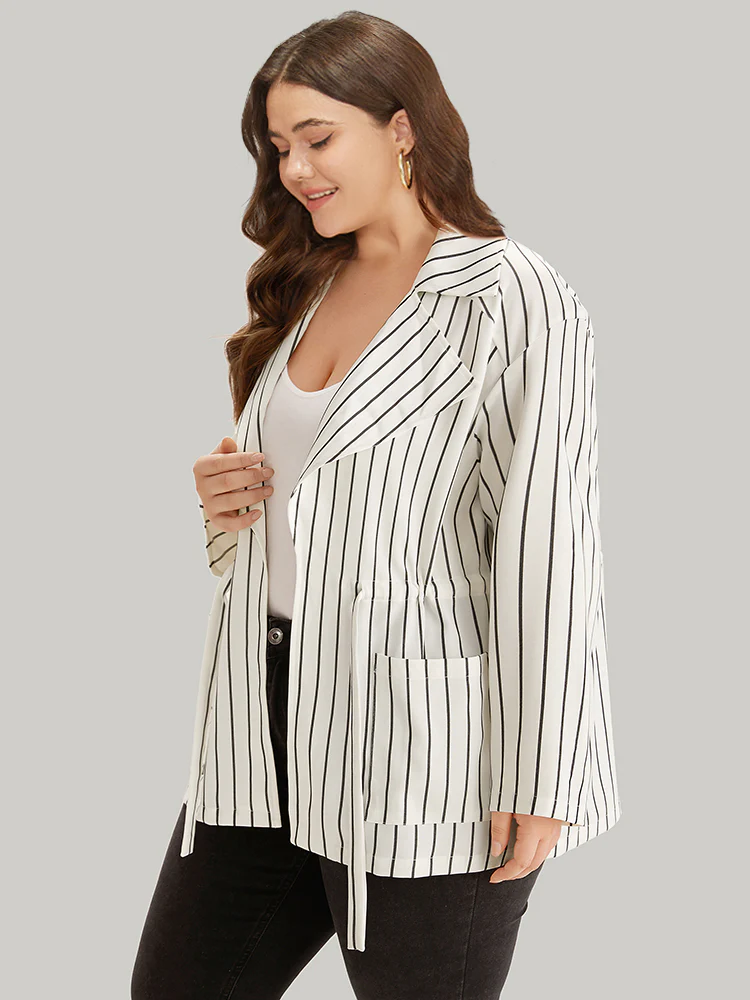 Striped Suit Collar Drawstring Patched Pocket Coat - Image 2
