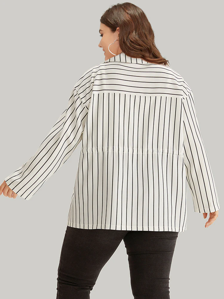 Striped Suit Collar Drawstring Patched Pocket Coat - Image 3