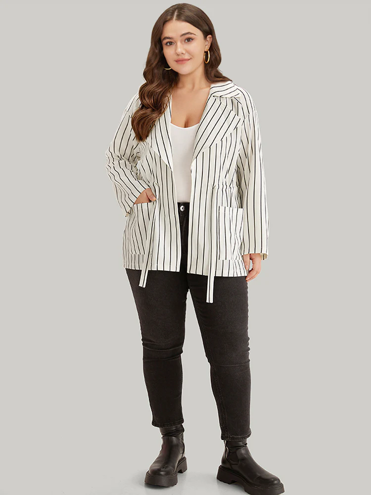 Striped Suit Collar Drawstring Patched Pocket Coat - Image 4