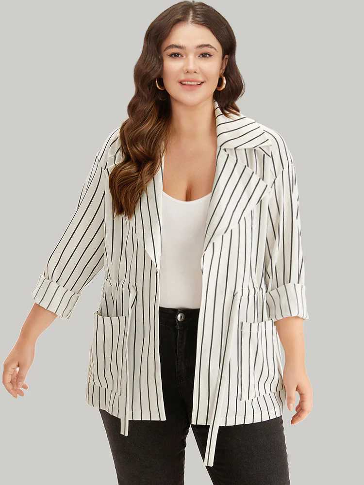 Striped Suit Collar Drawstring Patched Pocket Coat - Image 5