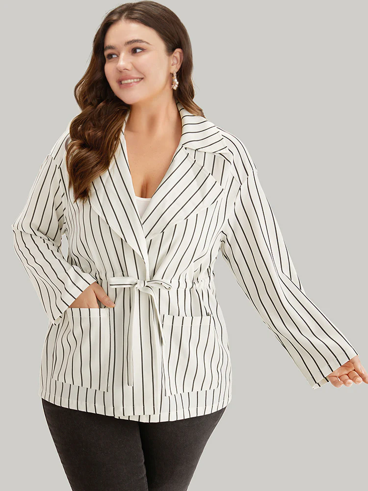Striped Suit Collar Drawstring Patched Pocket Coat - Image 6