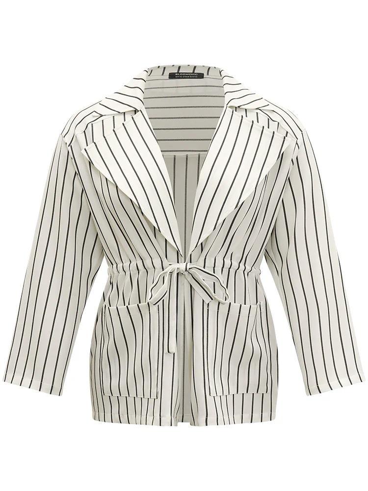 Striped Suit Collar Drawstring Patched Pocket Coat - Image 8