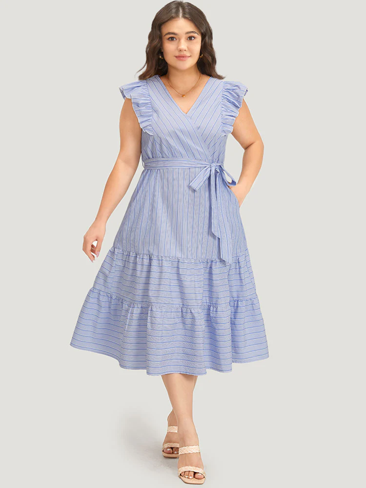 Striped Surplice Neck Belted Ruffle Cap Sleeve Dress - Image 2
