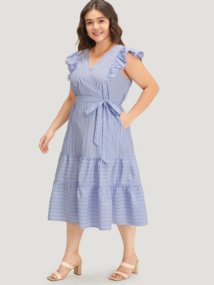Striped Surplice Neck Belted Ruffle Cap Sleeve Dress - Image 3