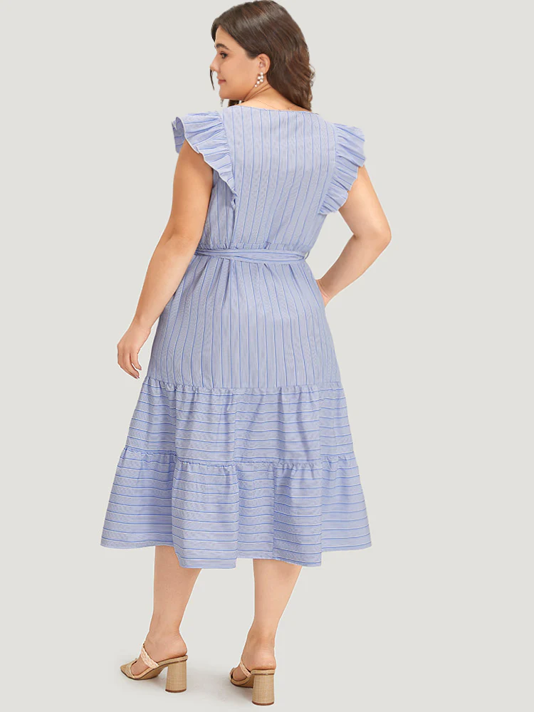 Striped Surplice Neck Belted Ruffle Cap Sleeve Dress - Image 4