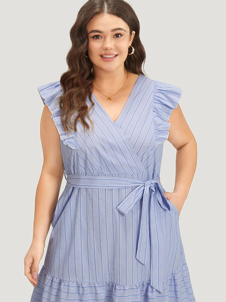 Striped Surplice Neck Belted Ruffle Cap Sleeve Dress - Image 5