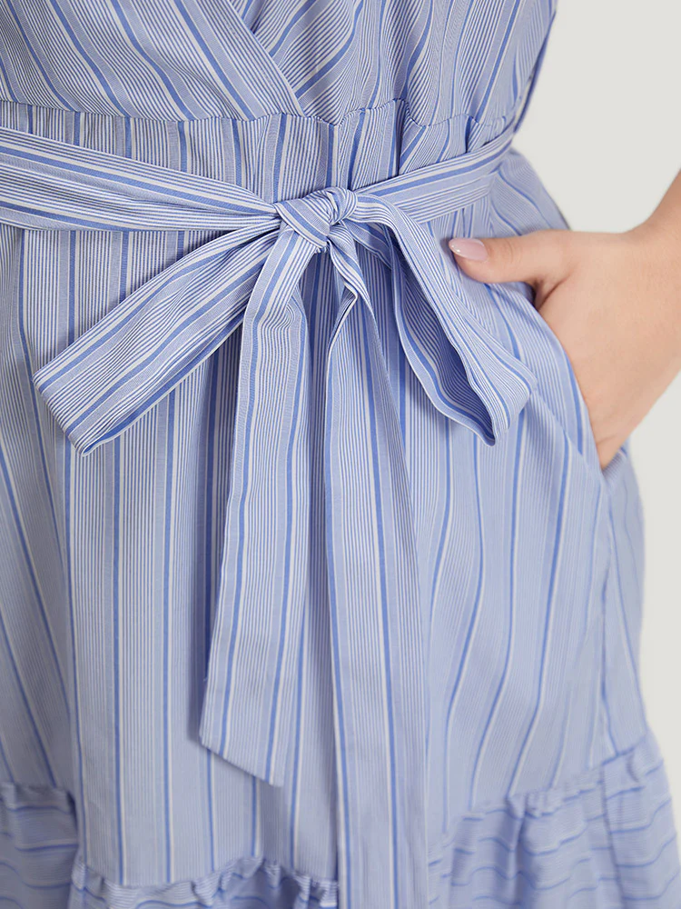 Striped Surplice Neck Belted Ruffle Cap Sleeve Dress - Image 8