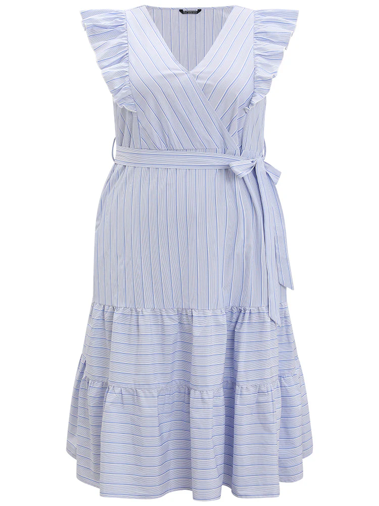 Striped Surplice Neck Belted Ruffle Cap Sleeve Dress - Image 9