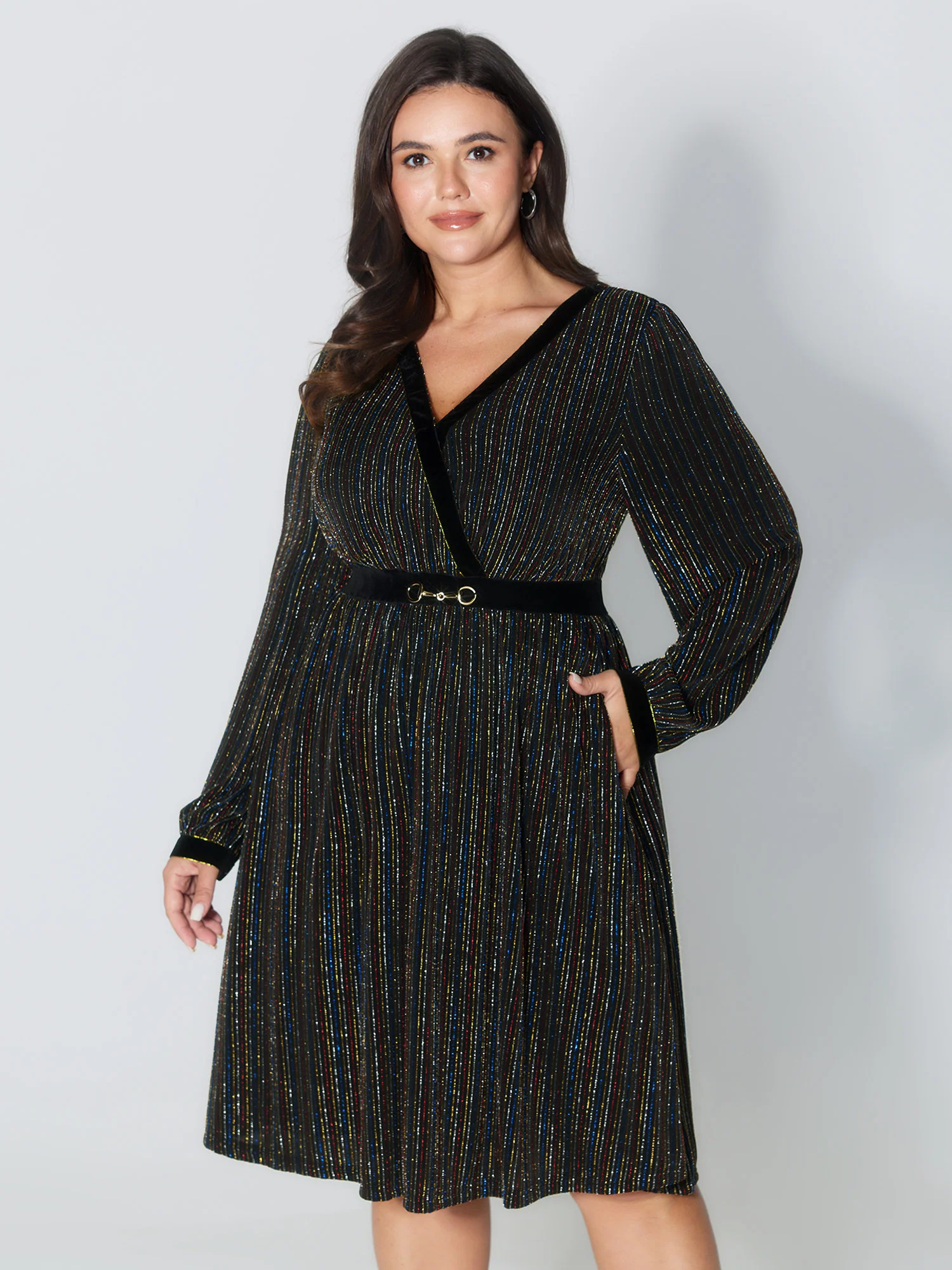 Striped Surplice Neckline Flowy Midi Dress