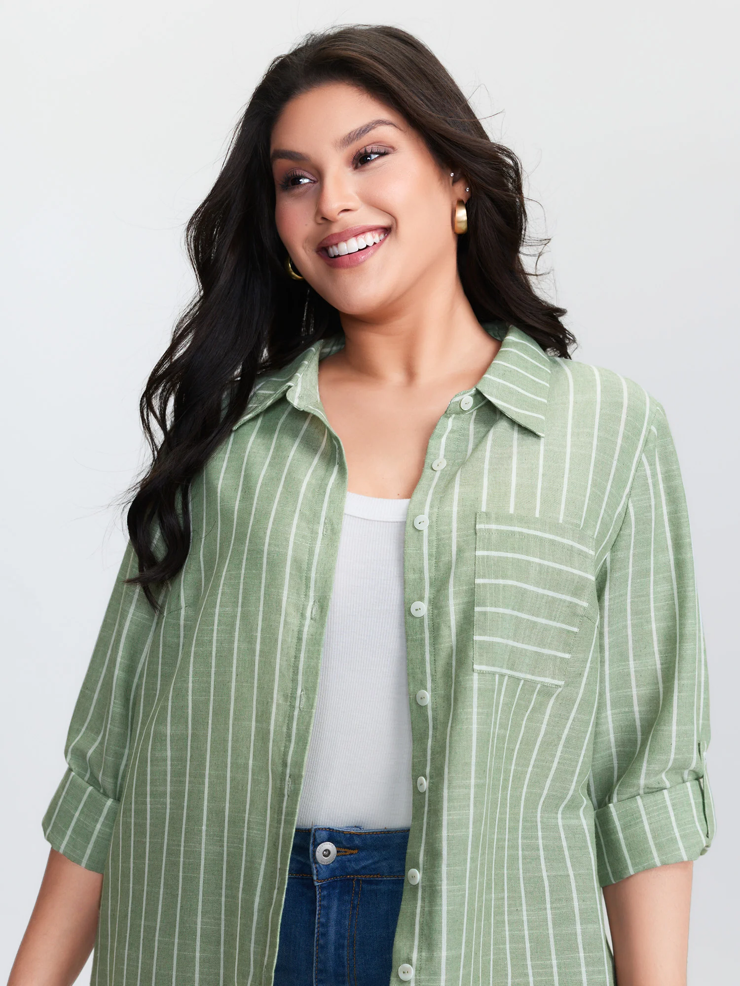 Striped Tab Sleeve Button-Down Shirt - Image 2