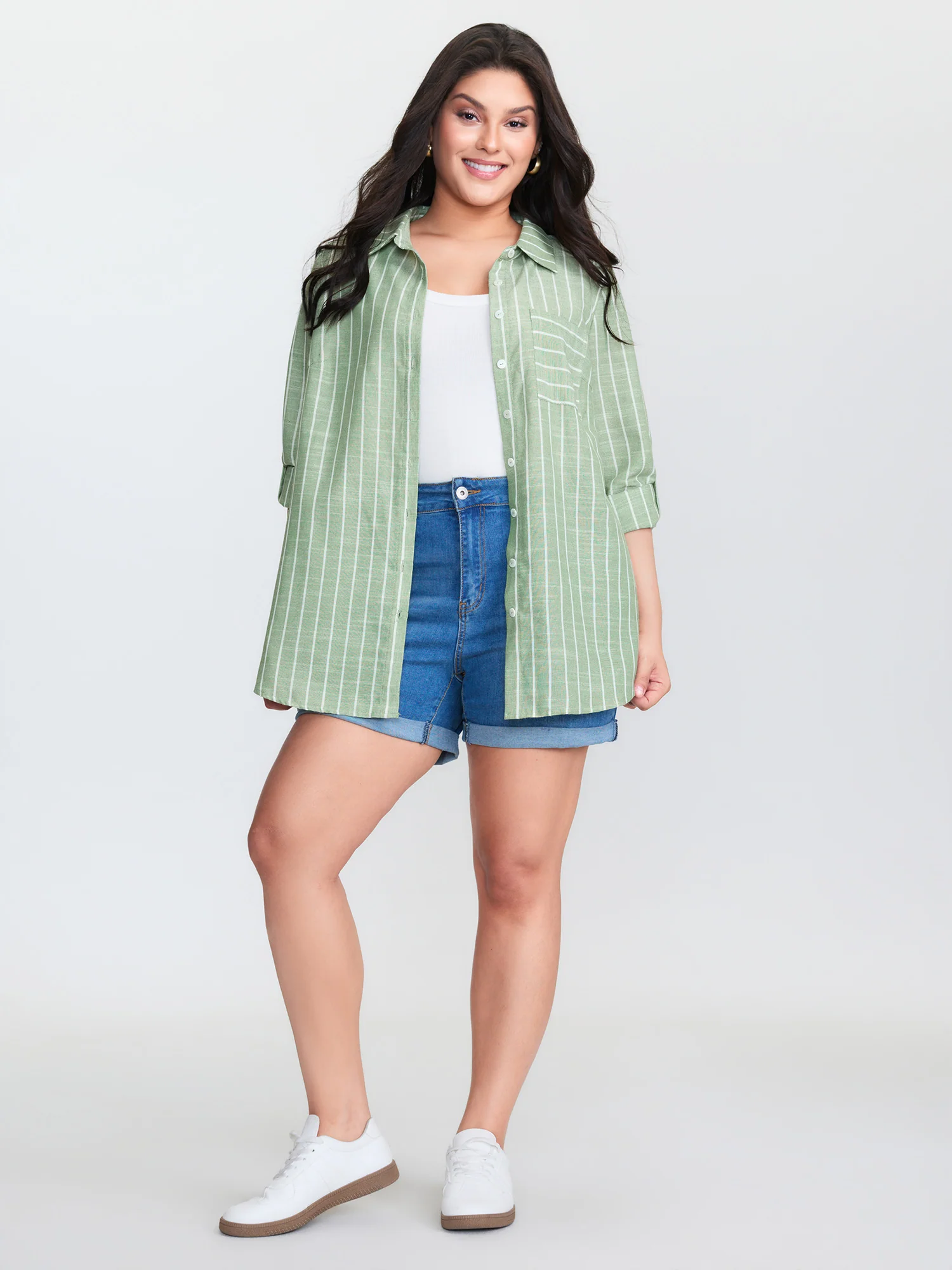 Striped Tab Sleeve Button-Down Shirt - Image 3