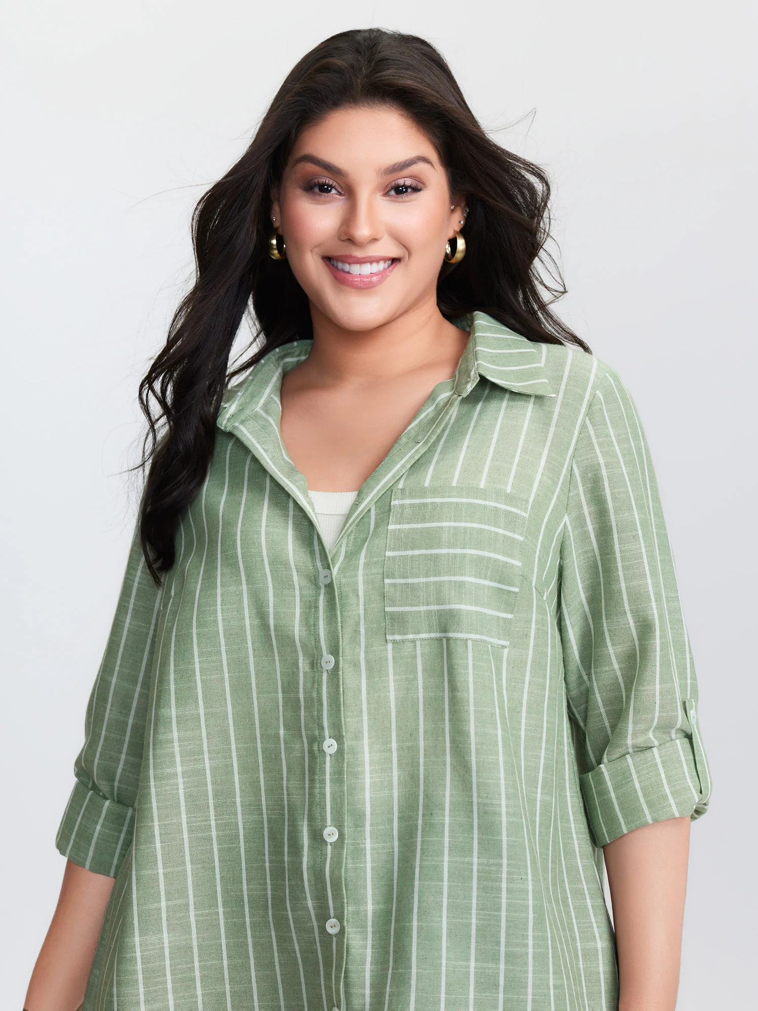 Striped Tab Sleeve Button-Down Shirt - Image 4