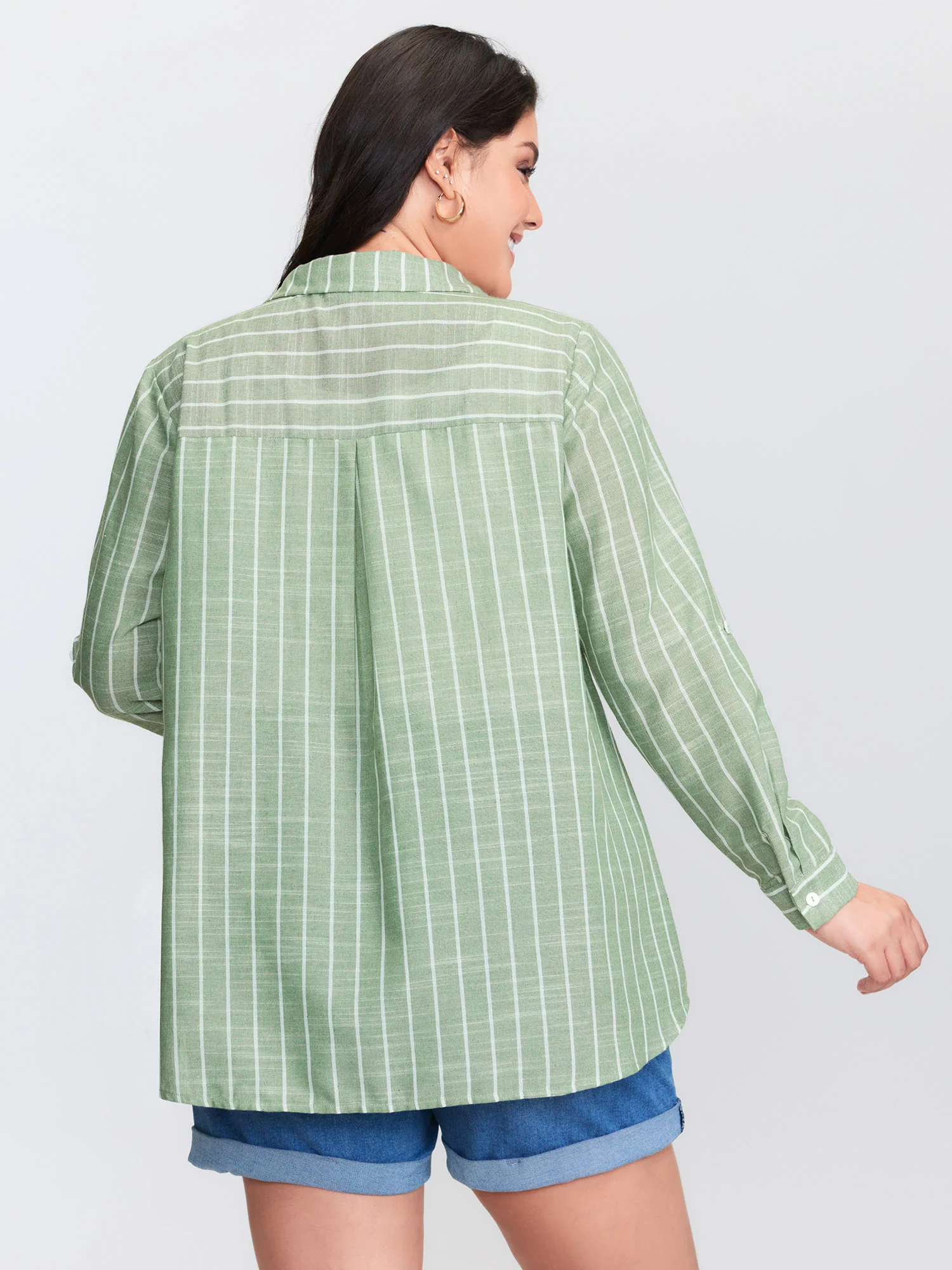 Striped Tab Sleeve Button-Down Shirt - Image 5