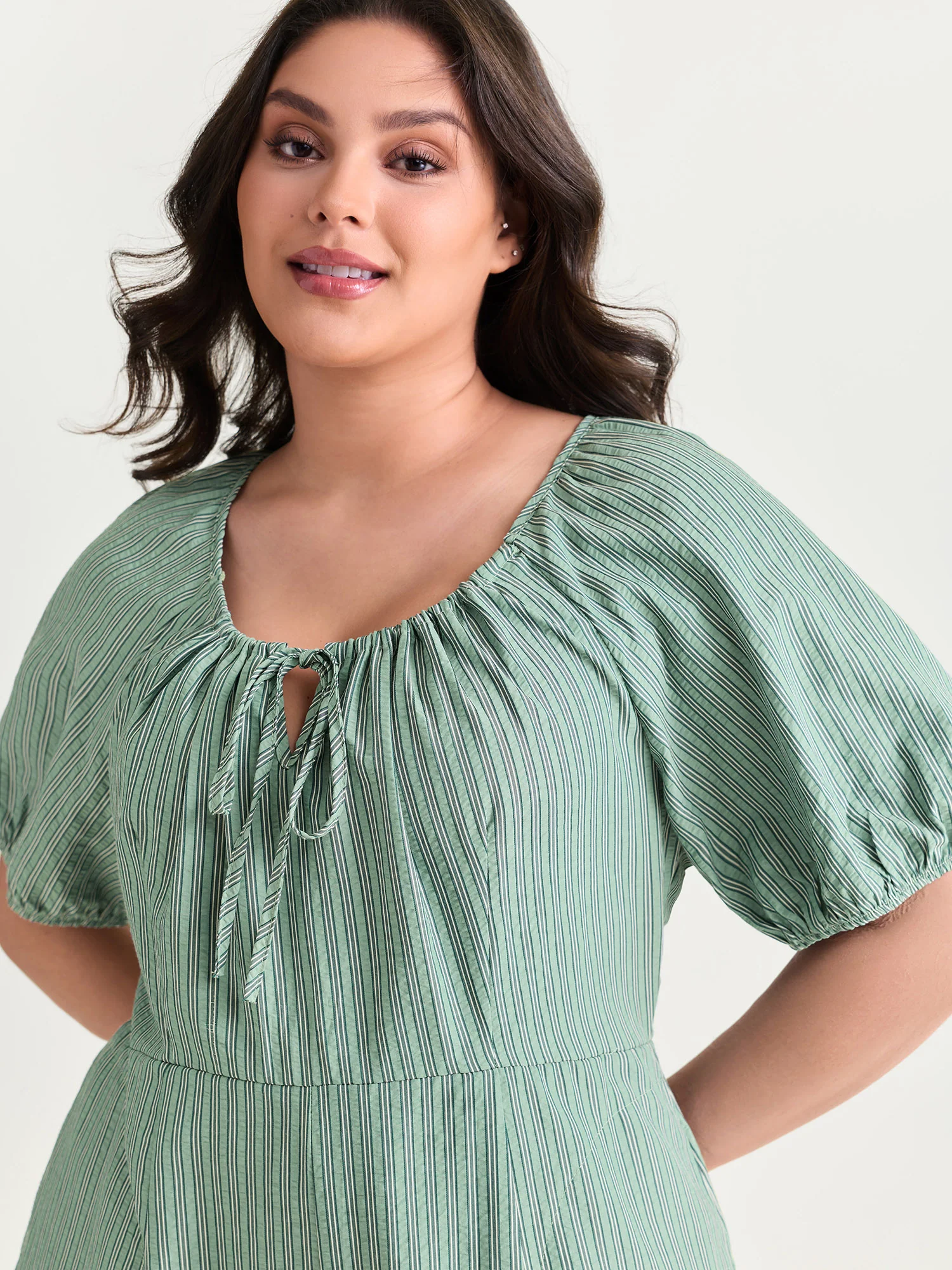 Striped Textured Drawstring Neckline Romper - Image 2