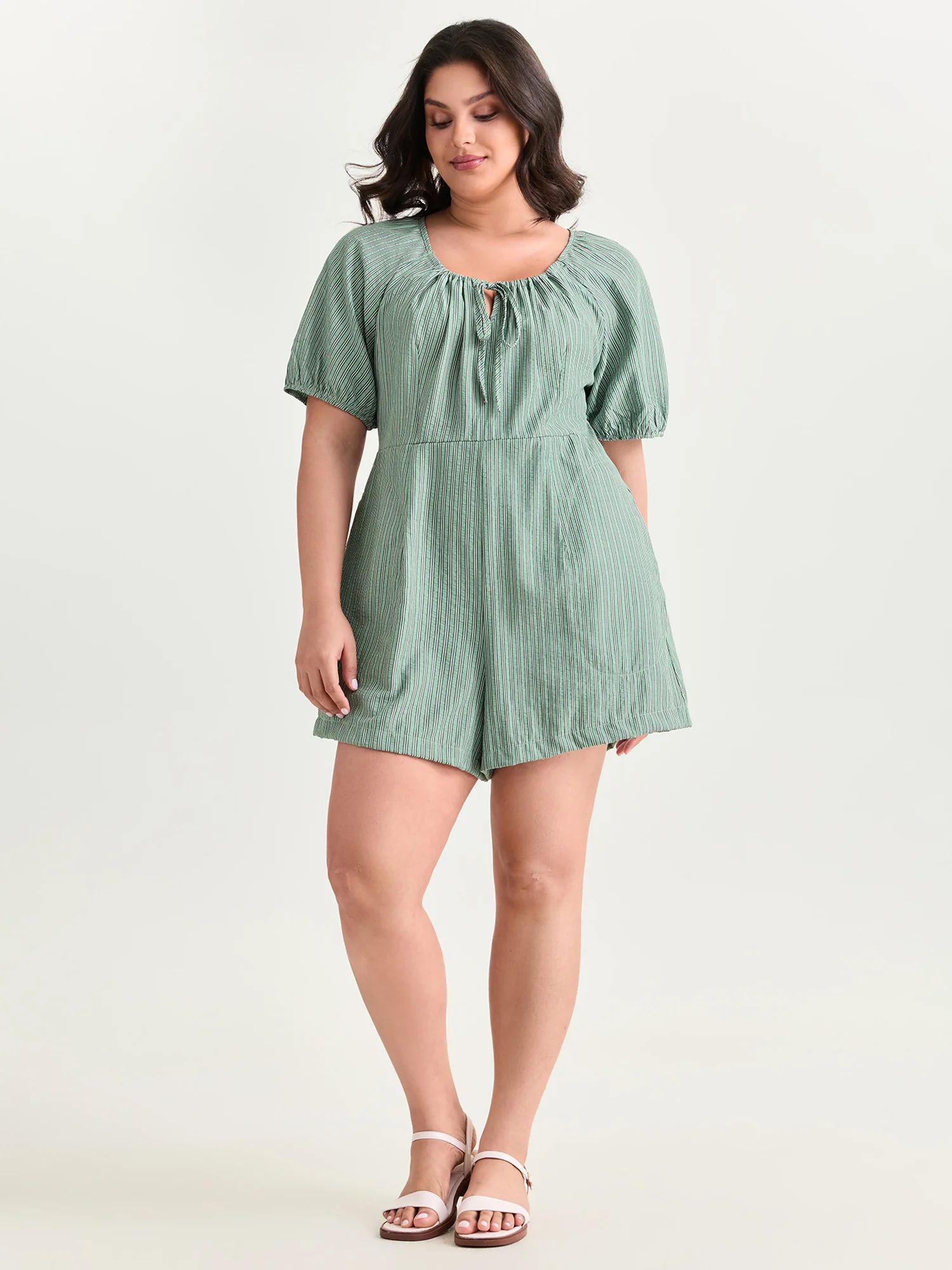 Striped Textured Drawstring Neckline Romper - Image 3