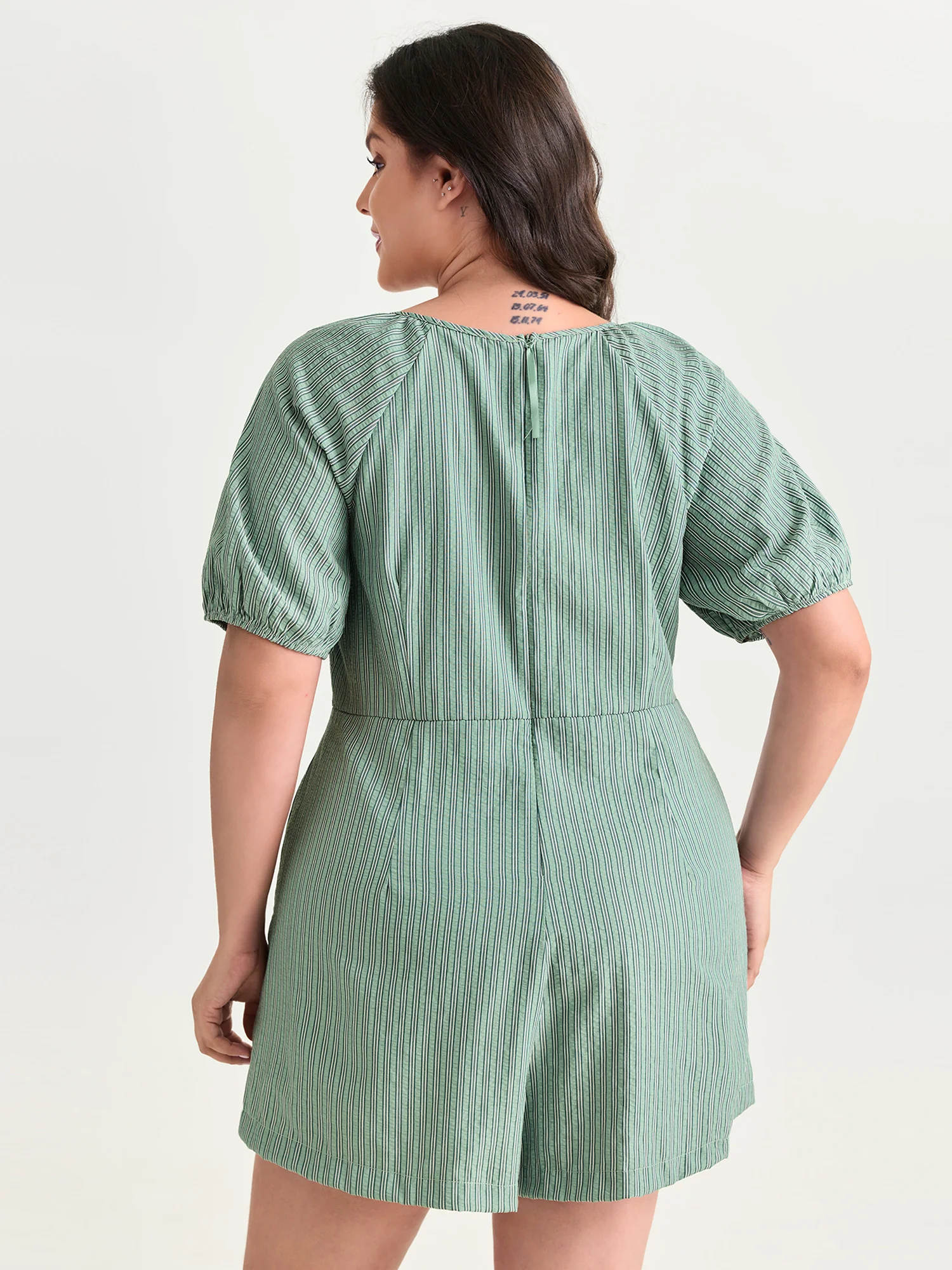 Striped Textured Drawstring Neckline Romper - Image 4