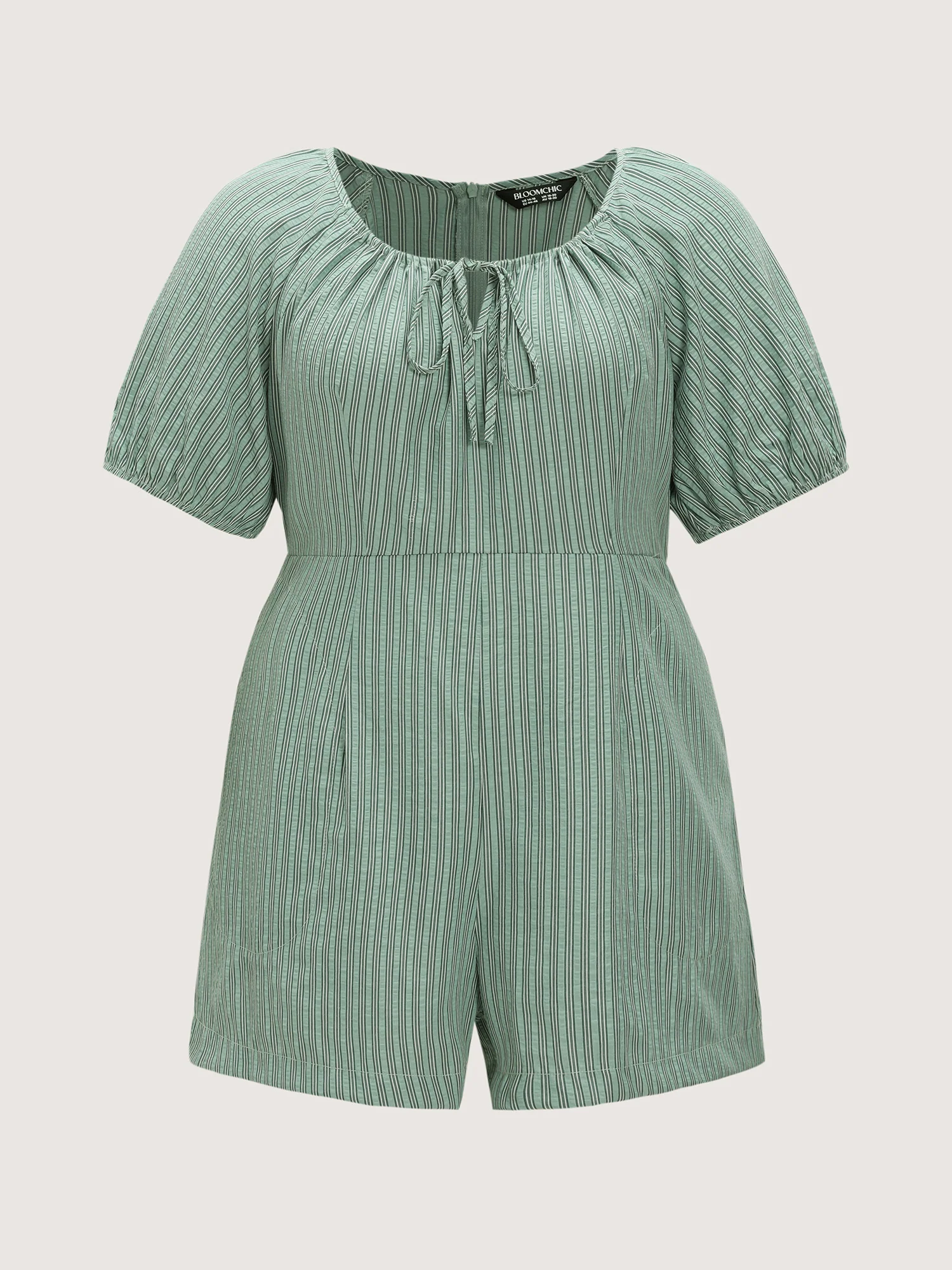 Striped Textured Drawstring Neckline Romper - Image 7