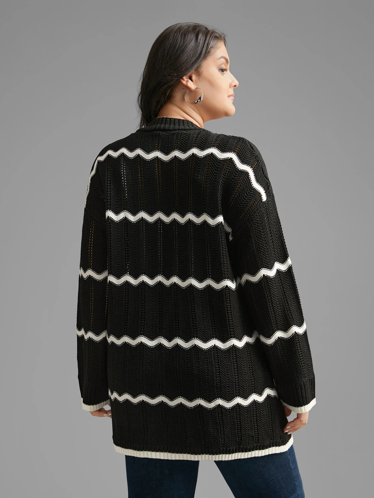 Striped Textured Pointelle Knit Cardigan - Image 2