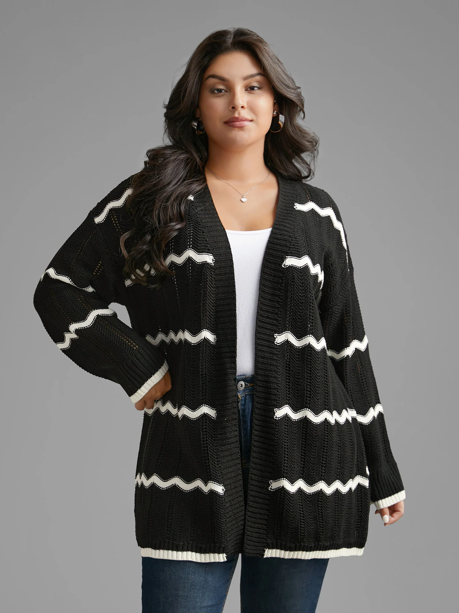 Striped Textured Pointelle Knit Cardigan - Image 3