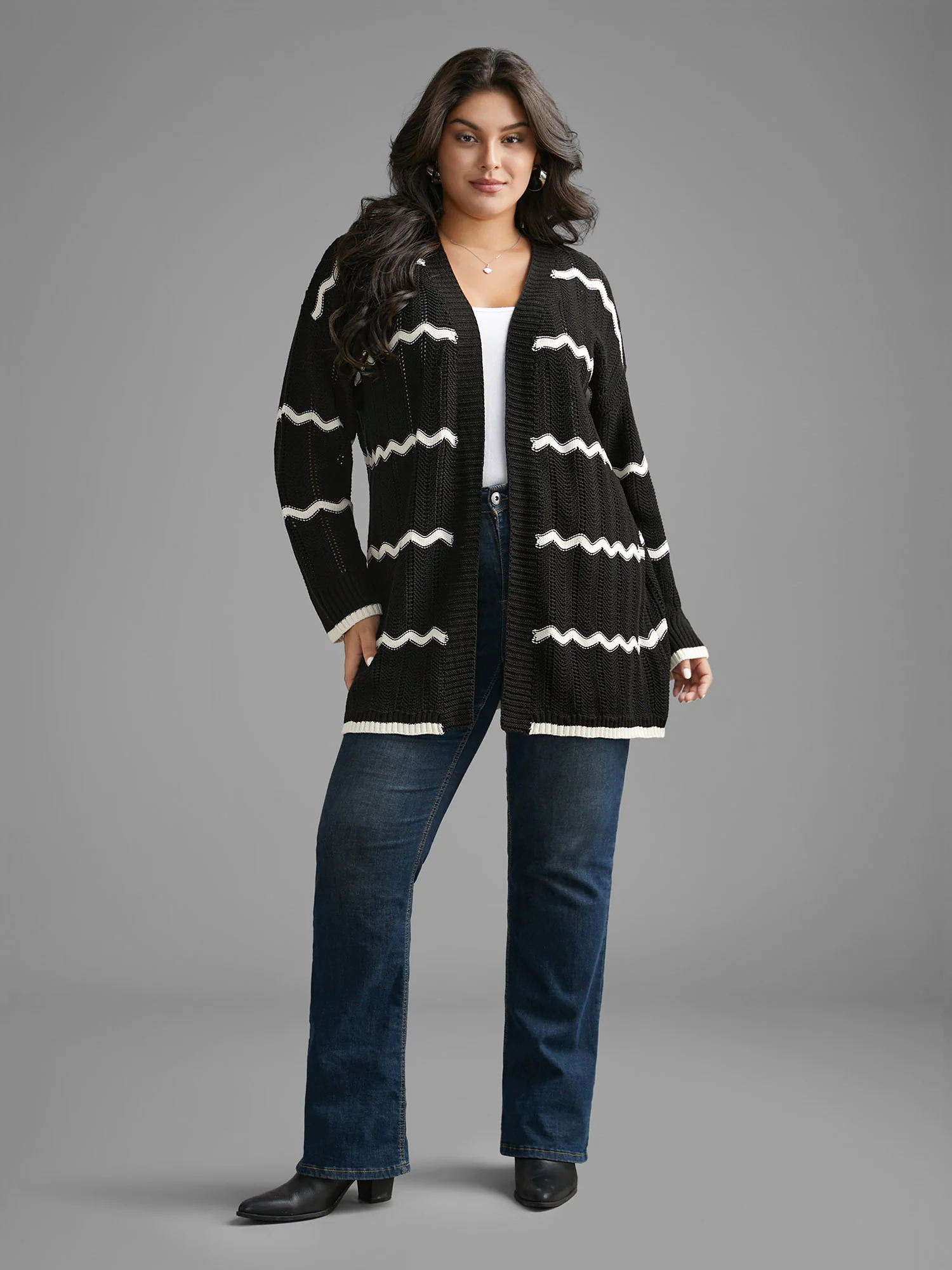 Striped Textured Pointelle Knit Cardigan - Image 4